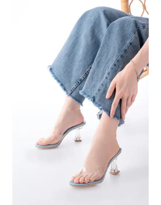 S-619 Bebe Mavi Rugan Şeffaf Bantlı Şeffaf Topuklu Yuvarlak Burunlu Kadın Terlik