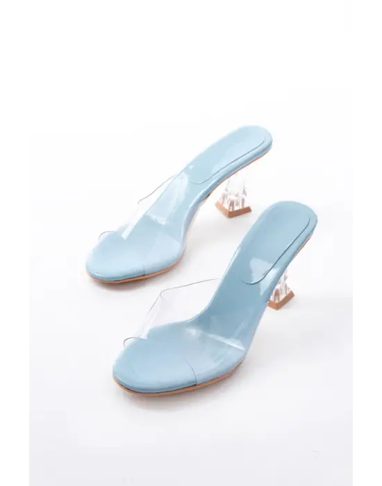 S-619 Bebe Mavi Rugan Şeffaf Bantlı Şeffaf Topuklu Yuvarlak Burunlu Kadın Terlik