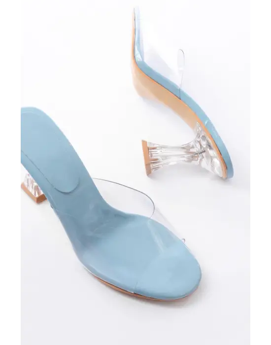 S-619 Bebe Mavi Rugan Şeffaf Bantlı Şeffaf Topuklu Yuvarlak Burunlu Kadın Terlik