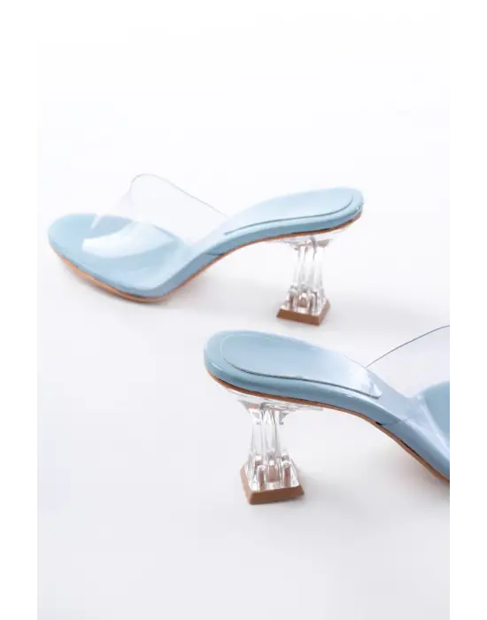 S-619 Bebe Mavi Rugan Şeffaf Bantlı Şeffaf Topuklu Yuvarlak Burunlu Kadın Terlik
