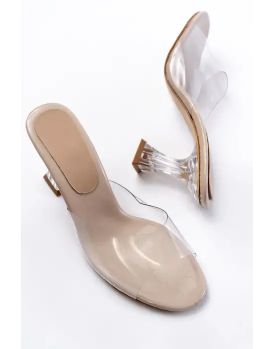 Bej Rugan Şeffaf Bantlı Şeffaf Topuklu Yuvarlak Burunlu Kadın Terlik