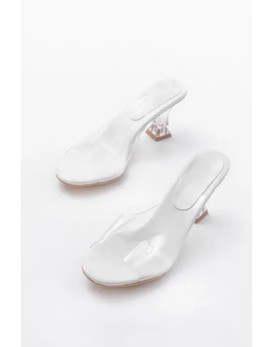 S-619 Beyaz Rugan Şeffaf Bantlı Şeffaf Topuklu Yuvarlak Burunlu Kadın Terlik
