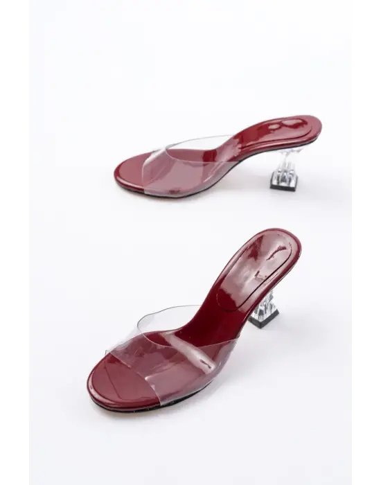 Bordo Rugan Şeffaf Bantlı Şeffaf Topuklu Yuvarlak Burunlu Kadın Terlik