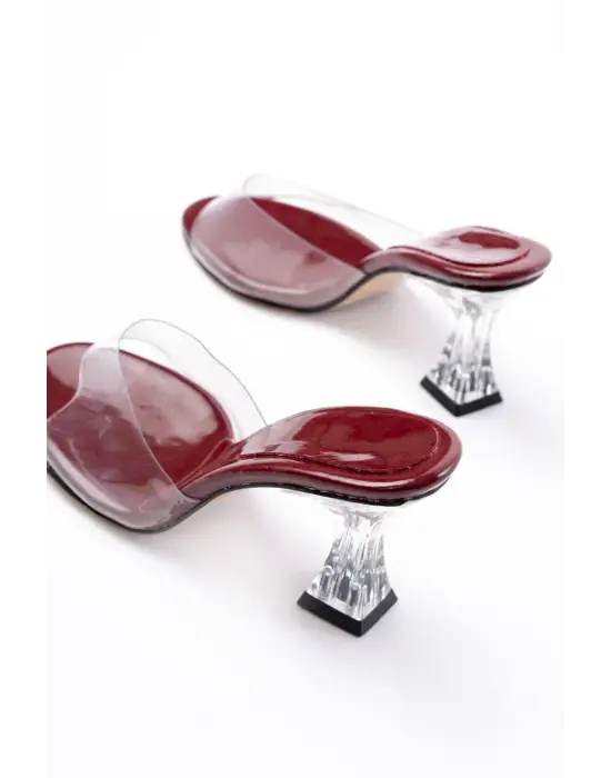 Bordo Rugan Şeffaf Bantlı Şeffaf Topuklu Yuvarlak Burunlu Kadın Terlik