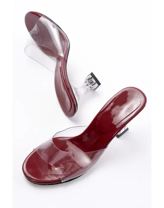 Bordo Rugan Şeffaf Bantlı Şeffaf Topuklu Yuvarlak Burunlu Kadın Terlik