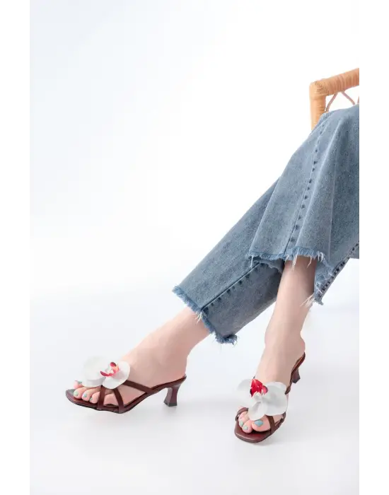 S-622 Bordo Orkide Detaylı İnce Topuklu Kadın Terlik