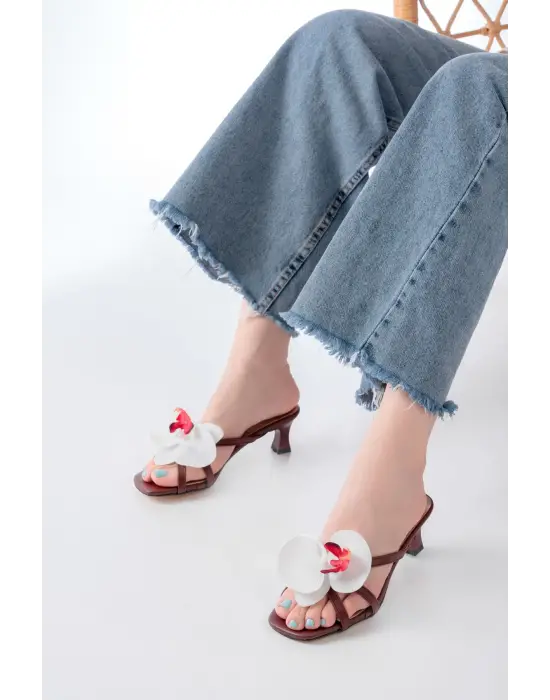 S-622 Bordo Orkide Detaylı İnce Topuklu Kadın Terlik