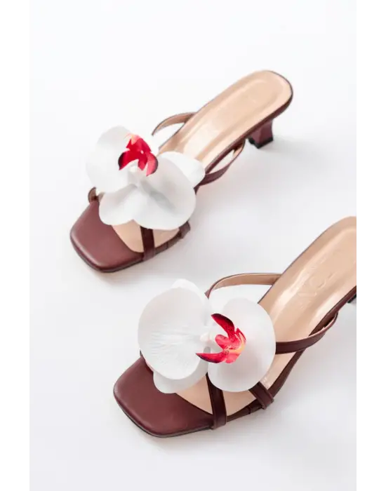 S-622 Bordo Orkide Detaylı İnce Topuklu Kadın Terlik