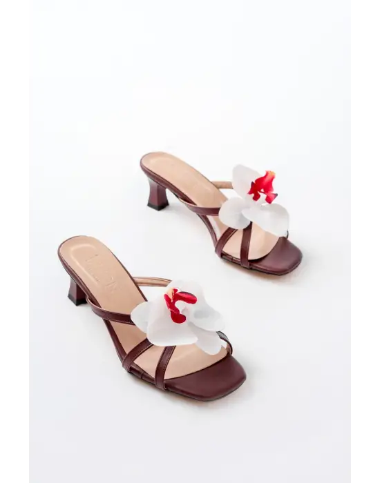 S-622 Bordo Orkide Detaylı İnce Topuklu Kadın Terlik