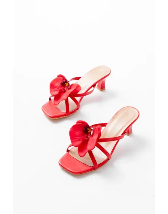 S-622 Kırmızı Orkide Detaylı İnce Topuklu Kadın Terlik