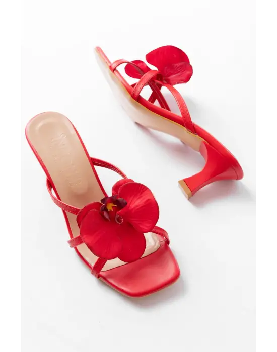 S-622 Kırmızı Orkide Detaylı İnce Topuklu Kadın Terlik