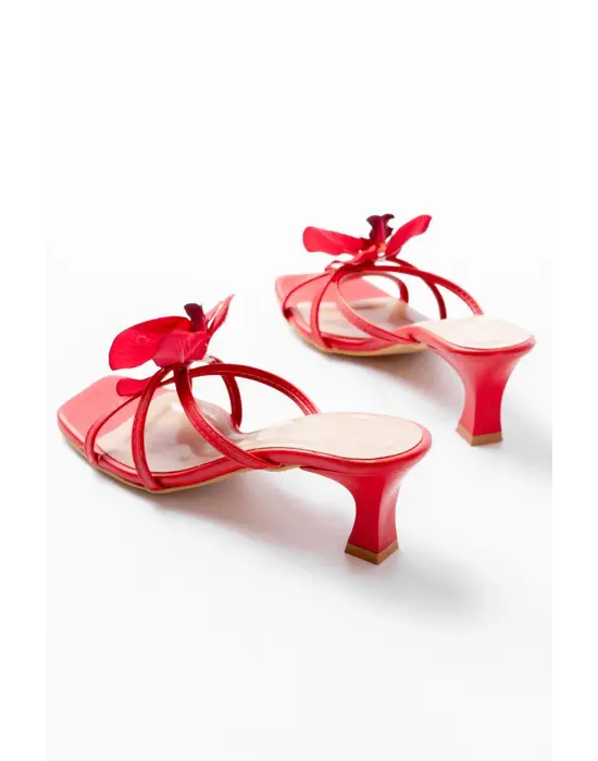 S-622 Kırmızı Orkide Detaylı İnce Topuklu Kadın Terlik