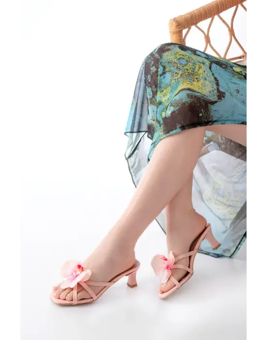 S-622 Pembe Orkide Detaylı İnce Topuklu Kadın Terlik