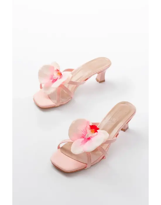 S-622 Pembe Orkide Detaylı İnce Topuklu Kadın Terlik
