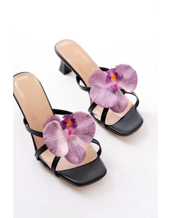 S-622 Siyah Mor Orkide Detaylı İnce Topuklu Kadın Terlik