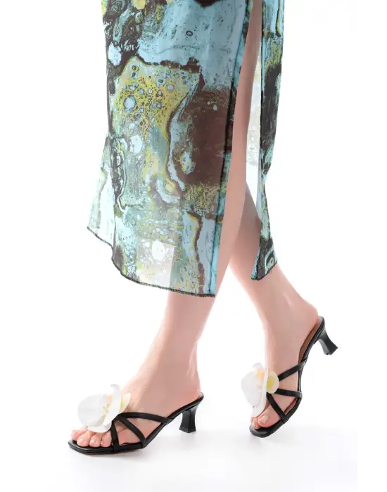 S-622 Siyah Orkide Detaylı İnce Topuklu Kadın Terlik