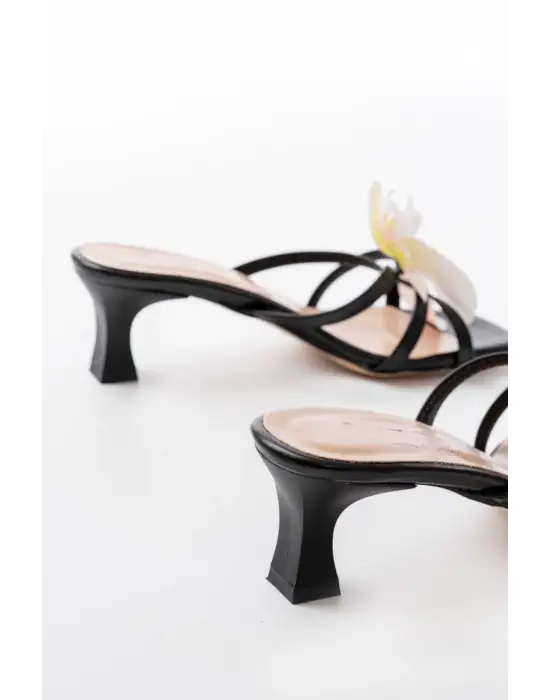 S-622 Siyah Orkide Detaylı İnce Topuklu Kadın Terlik