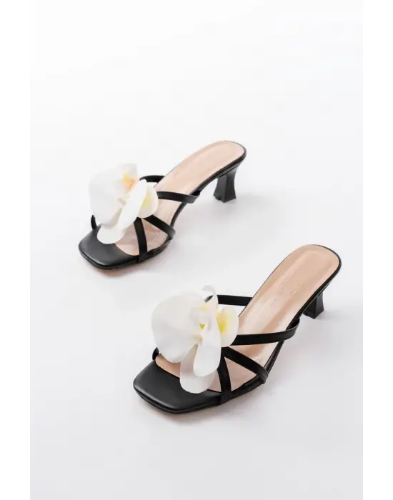 S-622 Siyah Orkide Detaylı İnce Topuklu Kadın Terlik