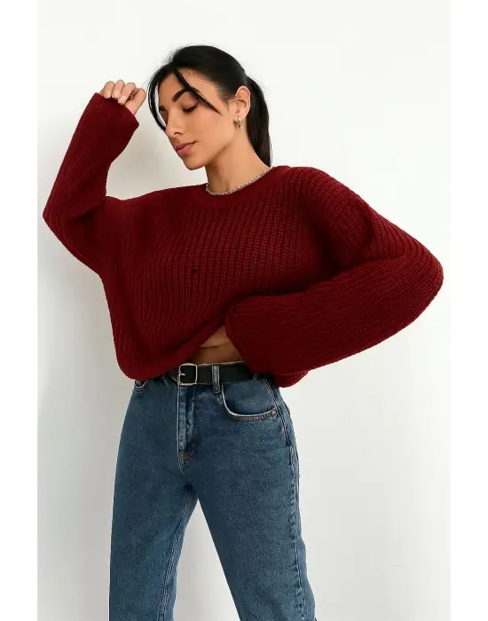 Salaş Delik Detaylı Kazak Bordo