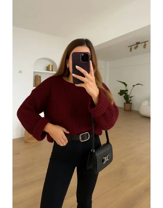 Salaş Delik Detaylı Kazak Bordo