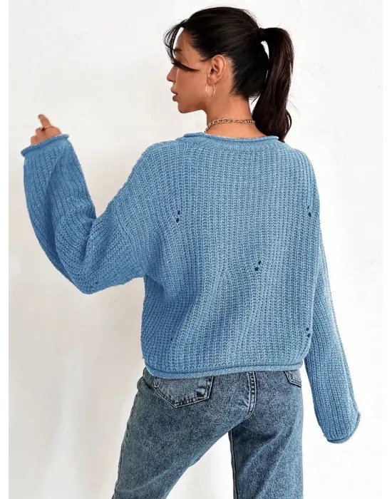 Salaş Delik Detaylı Kazak Mavi