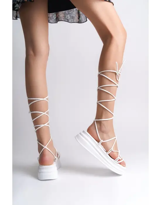 Samantha Bilekten Bağlamalı Ortopedik Taban Kadın Terlik  Bt - Beyaz