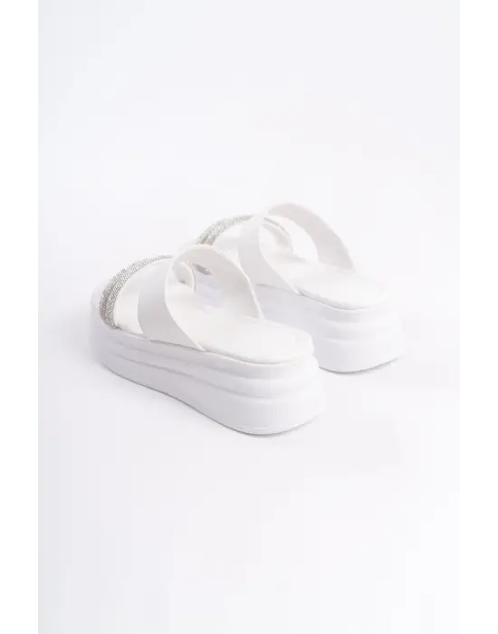 Sarah Düz Topuklu Taşlı Şeritli Kalın Ve Ortopedik Taban Kadın Terlik  Bt - Beyaz
