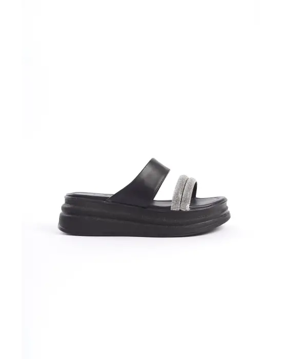 Sarah Düz Topuklu Taşlı Şeritli Kalın Ve Ortopedik Taban Kadın Terlik St - Siyah