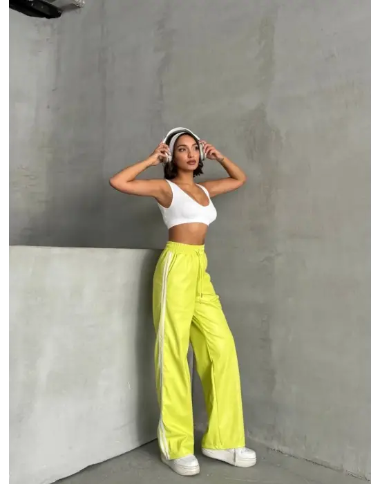 Şeritli Deri Pantolon Yeşil H26430