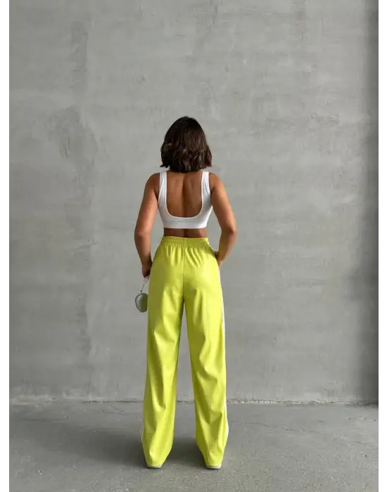 Şeritli Deri Pantolon Yeşil H26430