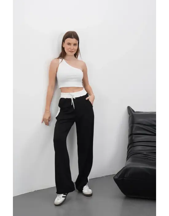 Şeritli Garnili Pantolon Siyah