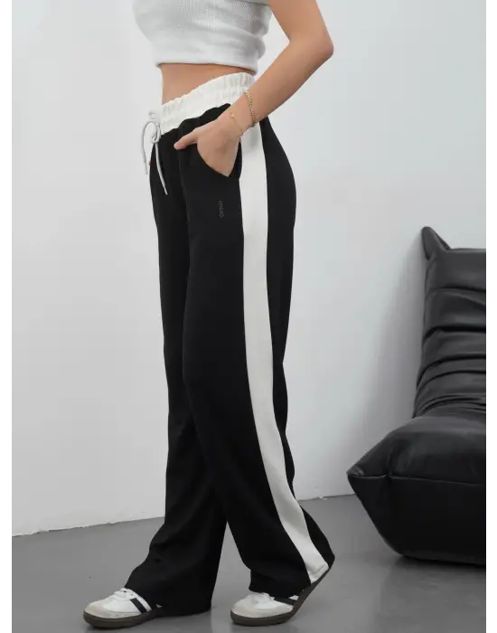 Şeritli Garnili Pantolon Siyah