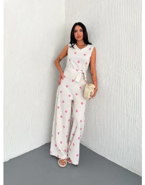 Sırt Dekolteli Keten Beyaz Tulum S1036