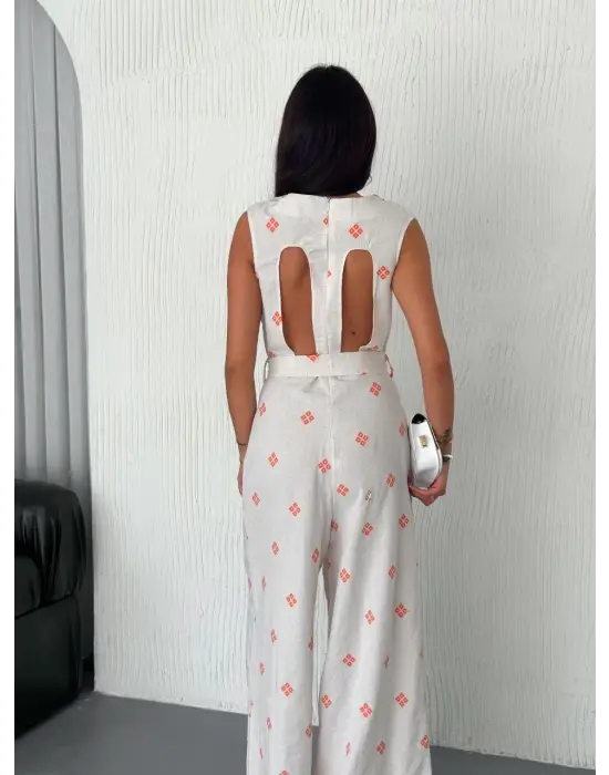 Sırt Dekolteli Keten Beyaz Tulum S1036