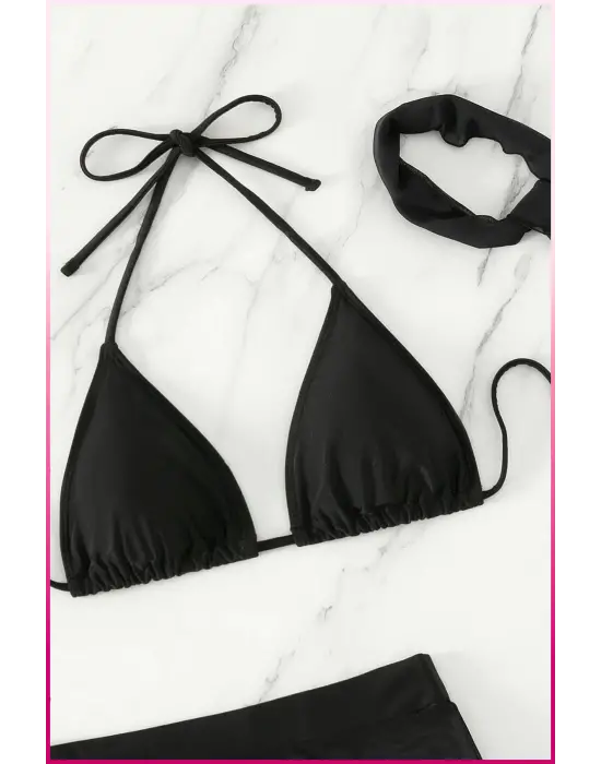 Siyah Askılı Bikini Takımı + Ayarlanabilir Büzgülü Etek – Tatil Stili