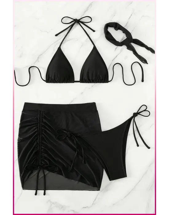 Siyah Askılı Bikini Takımı + Ayarlanabilir Büzgülü Etek – Tatil Stili