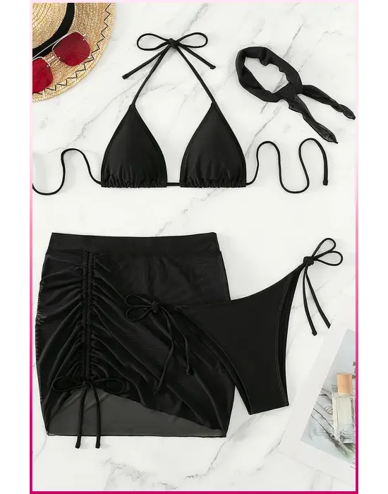 Siyah Askılı Bikini Takımı + Ayarlanabilir Büzgülü Etek – Tatil Stili