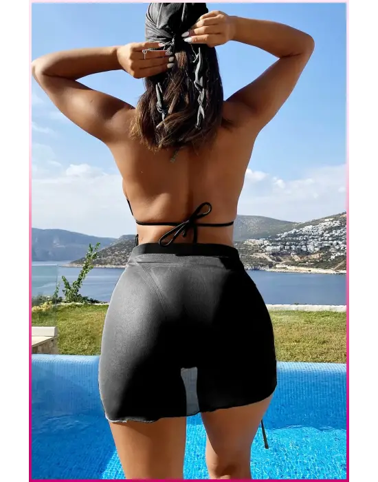 Siyah Askılı Bikini Takımı + Ayarlanabilir Büzgülü Etek – Tatil Stili