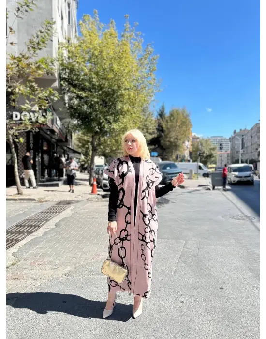 Siyah Çizgi Desenli Elbiseli Hırka Takım Pudra Siyah