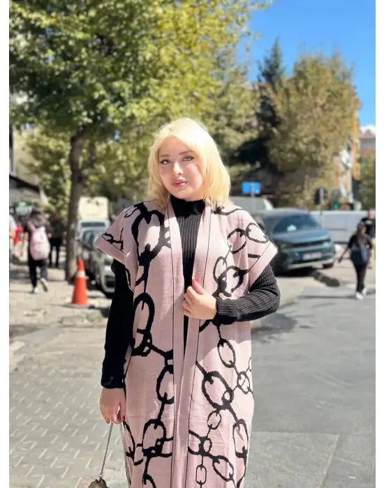 Siyah Çizgi Desenli Elbiseli Hırka Takım Pudra Siyah