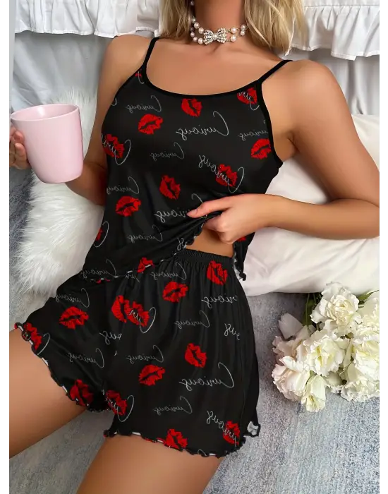 Siyah Dudak Desenli 2li Şortlu Takım