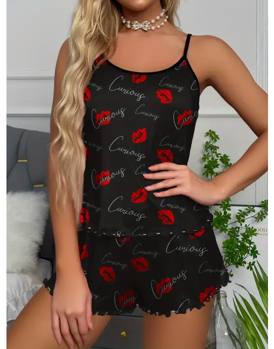 Siyah Dudak Desenli 2li Şortlu Takım