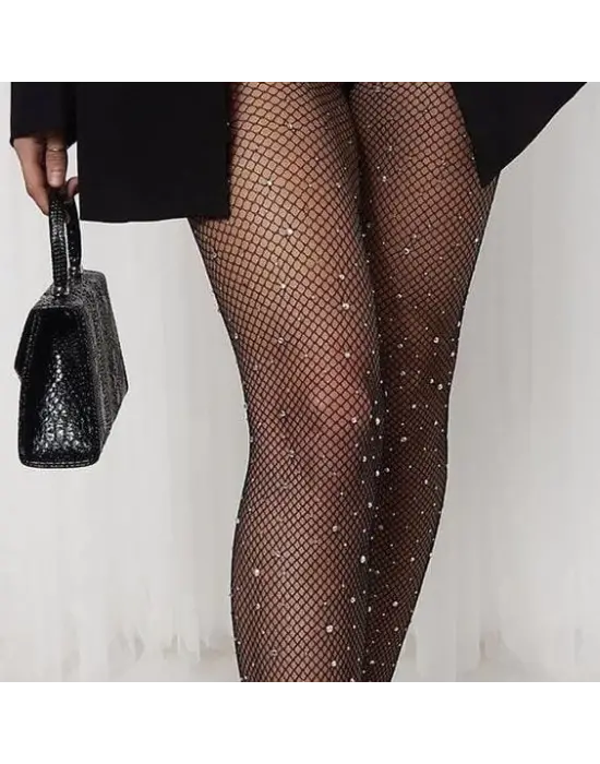 Siyah File Taşlı Çorap