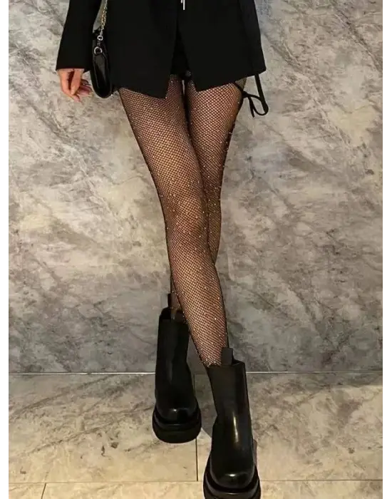 Siyah File Taşlı Çorap