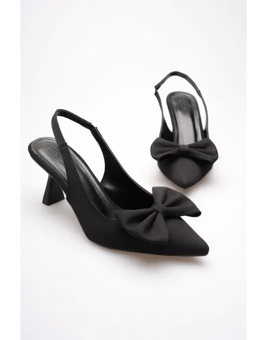 Siyah Fiyonklu Kitten Topuklu Slingback Kadın Ayakkabı TR08MS24A