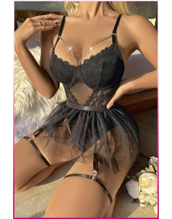 Siyah Göğüs Balenli, Tül Etekli Seksi Jartiyer Takım