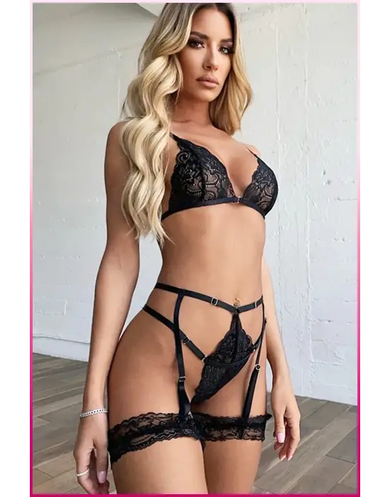 Siyah Göğüs Dantelli Seksi Jartiyer Takım