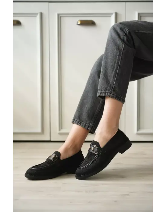 Siyah Kadın Loafer Metal Tokalı Rahat Günlük Ayakkabı TR30MS02A
