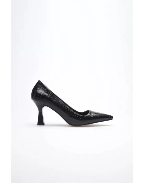 Siyah Kroko Sivri Burun Orta Topuklu Kadın Stiletto TR20MS02F