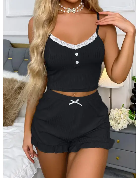 Siyah Likralı Düğmeli Yumuşacık 2li Pijama Takımı